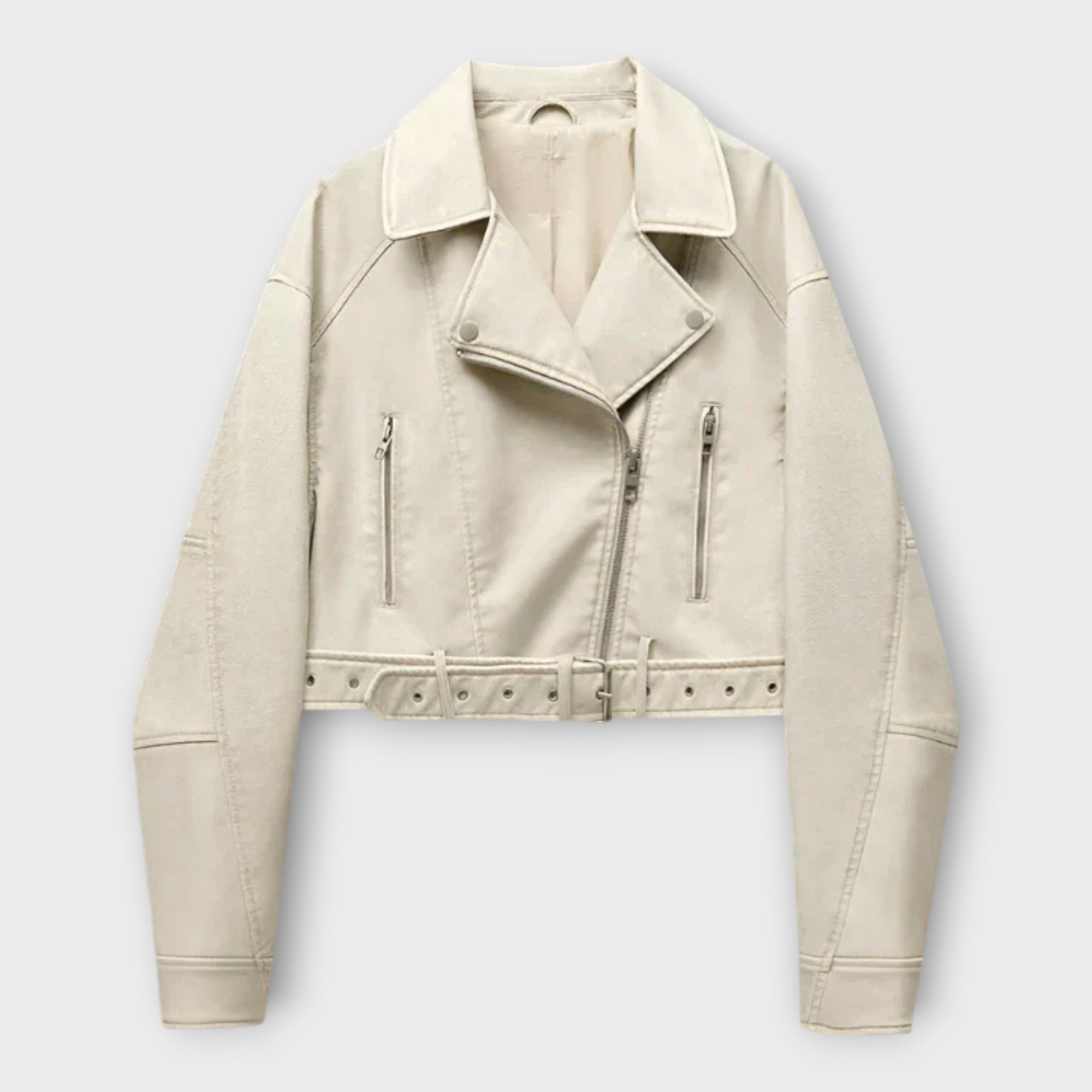 Moderná Krátka Kožená Bunda s Pásom a Vytříbenou Estetikou