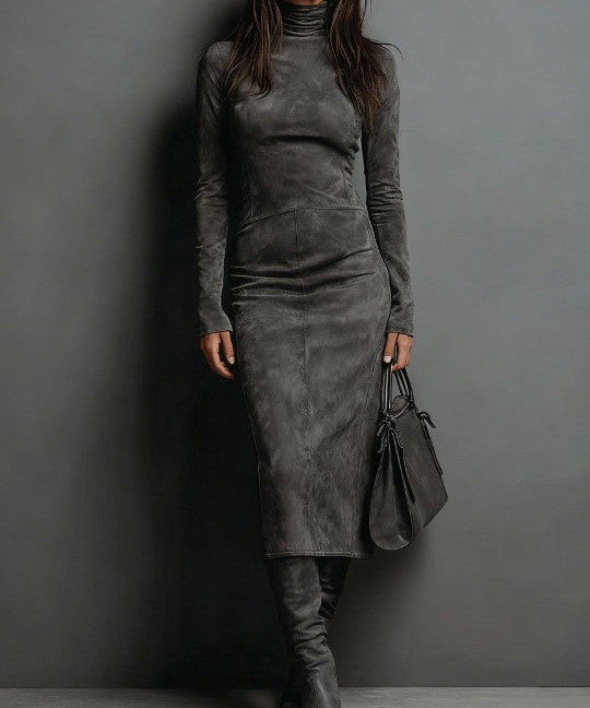 Seraphina Midi šaty z semišu s vysokým krkom a dlhým rukávom